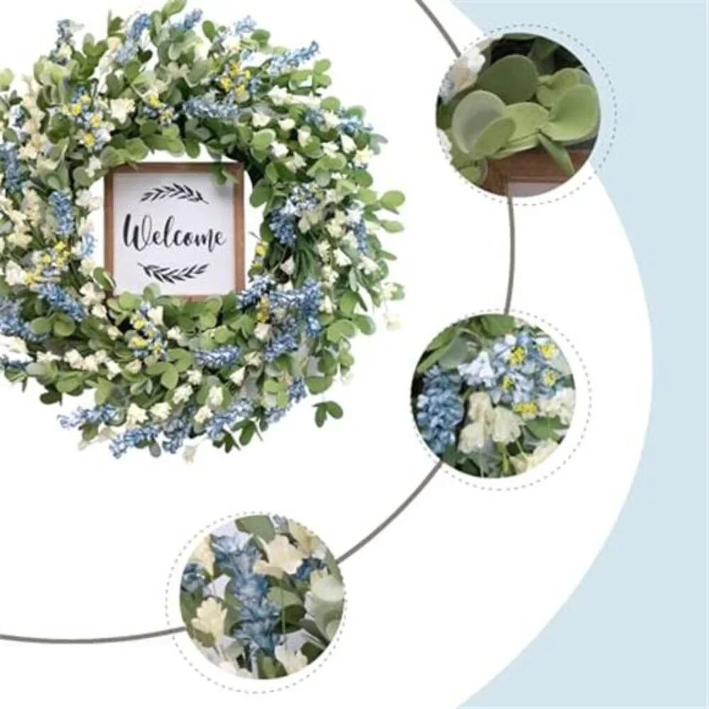 Artificial Leaves and White Flowers Wreath with Welcome Sign, 20 inch
